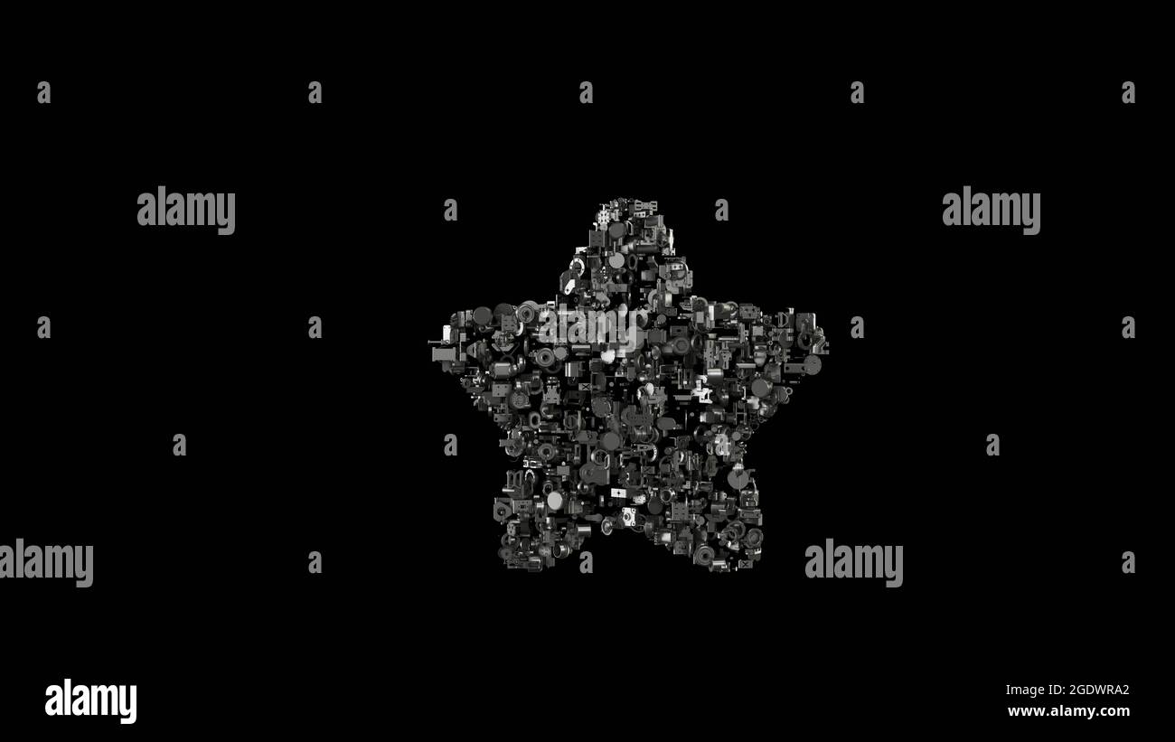 rendu 3d de diverses pièces mécaniques en métal brillant en forme de symbole d'étoile avec des points arrondis isolés sur fond noir Banque D'Images