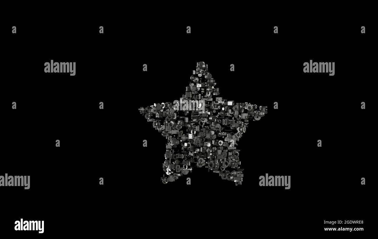 rendu 3d de diverses pièces mécaniques en métal brillant en forme de symbole d'étoile avec des points pointus isolés sur fond noir Banque D'Images
