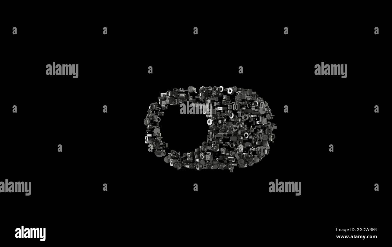 rendu 3d de diverses pièces mécaniques en métal brillant en forme de symbole du bouton de commutation avec une coche isolée sur fond noir Banque D'Images