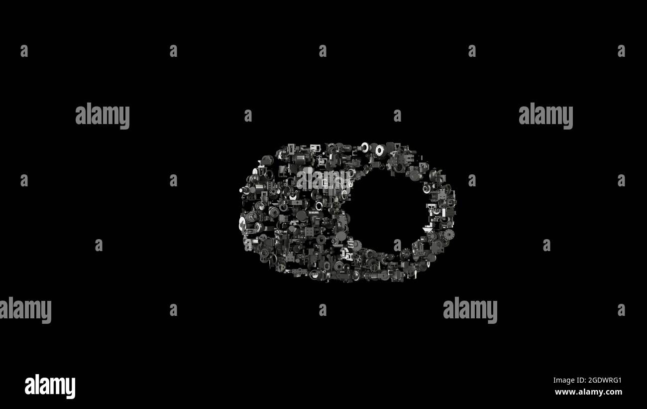 rendu 3d de diverses pièces mécaniques en métal brillant en forme de symbole du bouton de commutation sur un arrière-plan noir isolé Banque D'Images