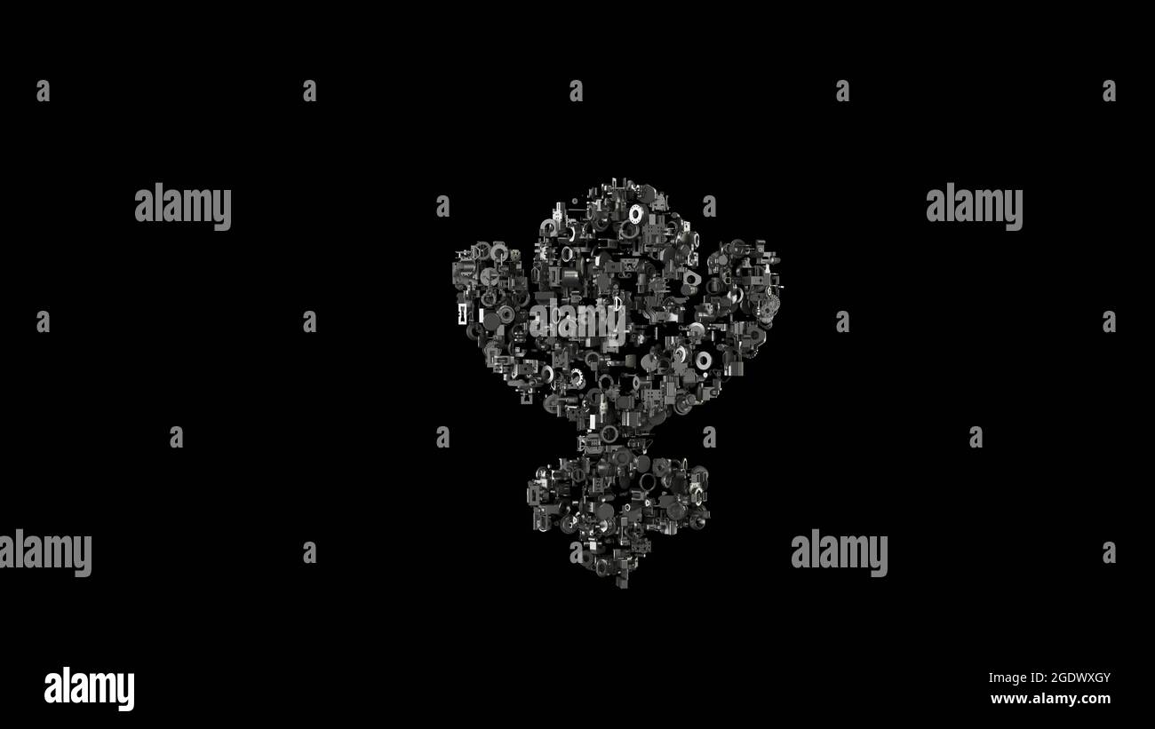 Rendu 3d de diverses pièces mécaniques métalliques brillantes en forme de symbole de planète Pluton dans l'espace isolé sur fond noir Banque D'Images