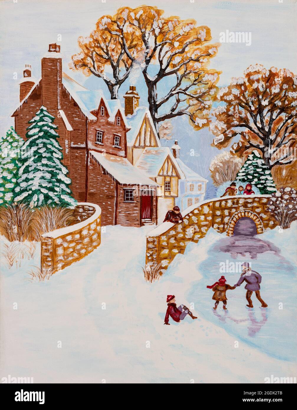 Peinture à l'huile originale de style naïf d'une scène d'hiver rurale avec des enfants jouant et patinant près d'un ruisseau et d'un pont. Concept des fêtes de Noël. Banque D'Images