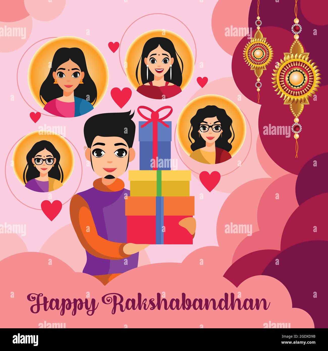 Dans cette affiche garçon tenant beaucoup de cadeaux en main pour ses sœurs à l'occasion de Raksha Bandhan. L'affiche est décorée avec des photos de fille, Rakhi, Illustration de Vecteur