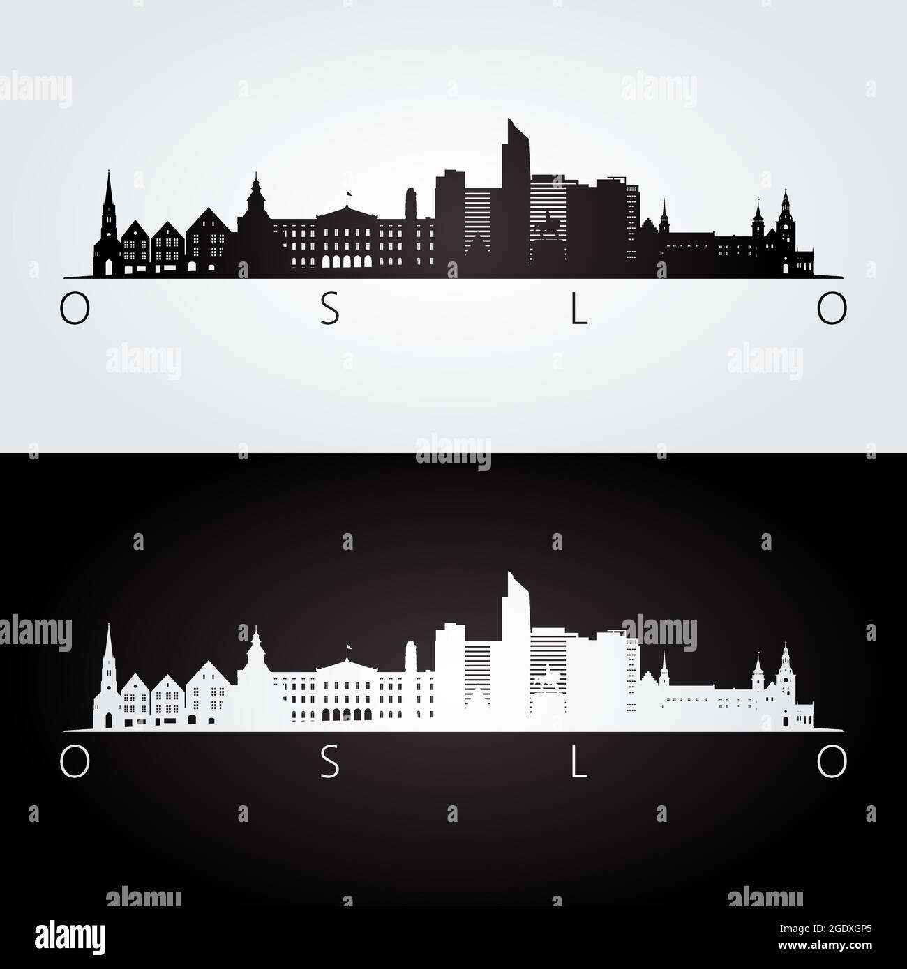 Silhouette des gratte-ciel et des repères d'Oslo, design noir et blanc, illustration vectorielle. Illustration de Vecteur