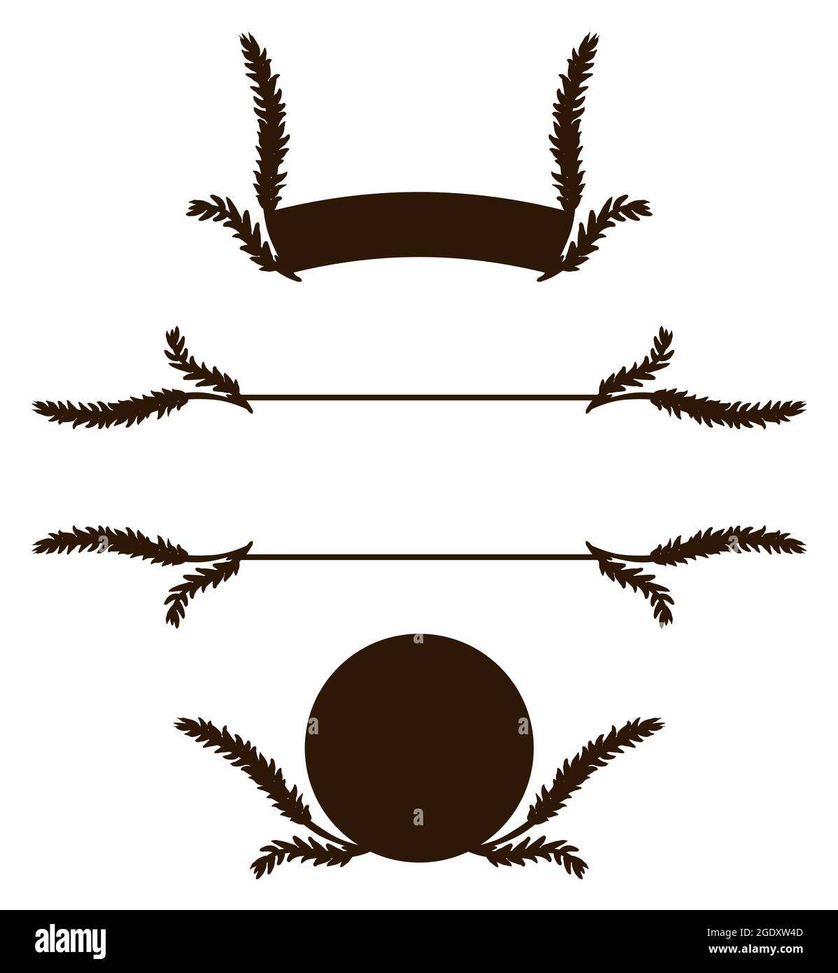 Ensemble de trois éléments décoratifs avec oreilles de blé, boutons et silhouettes de ruban, isolés sur fond blanc. Illustration de Vecteur