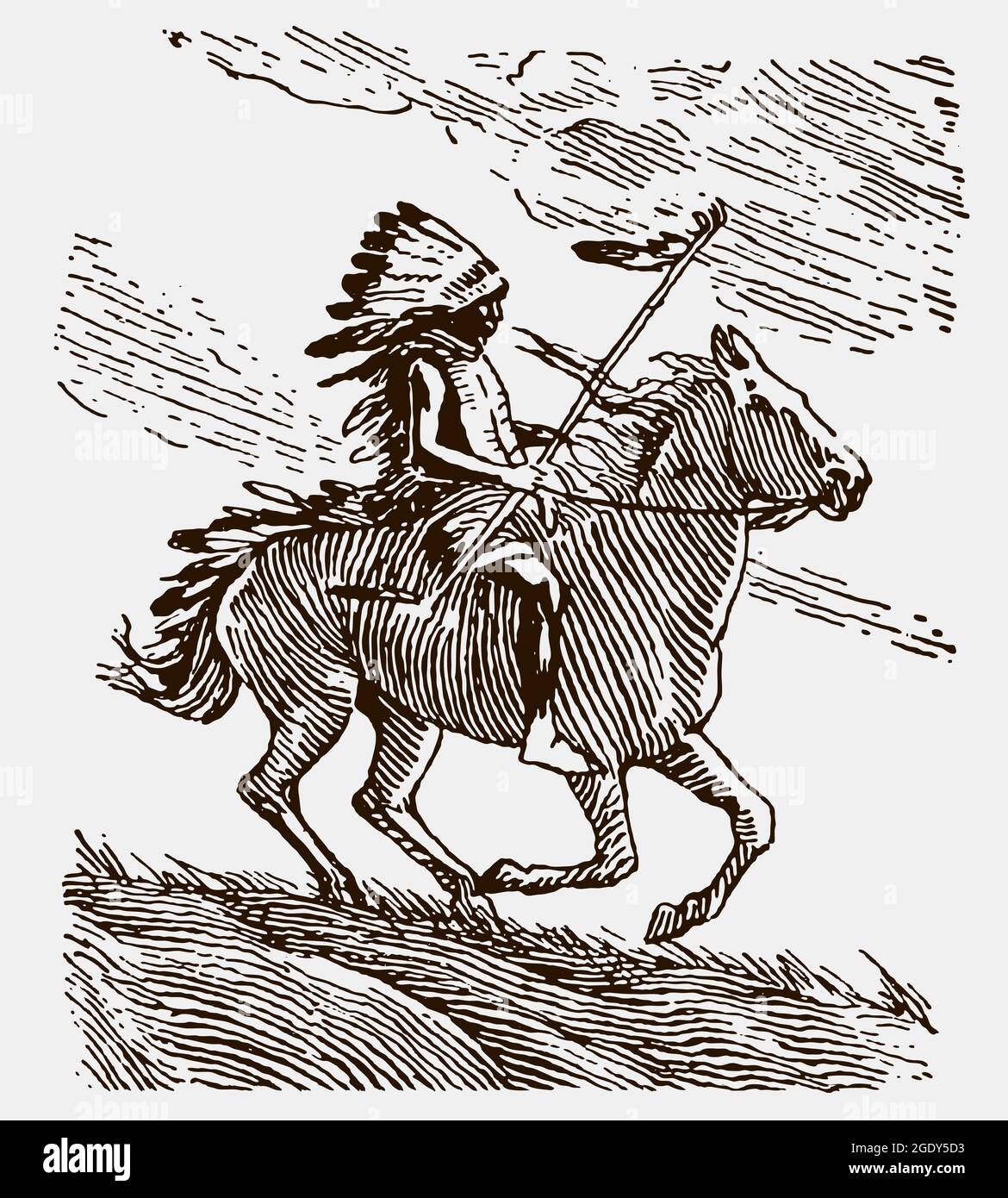 Un chef de guerre historique aux plumes, à cheval sur un cheval galopant. Illustration après gravure antique du début 20c Illustration de Vecteur