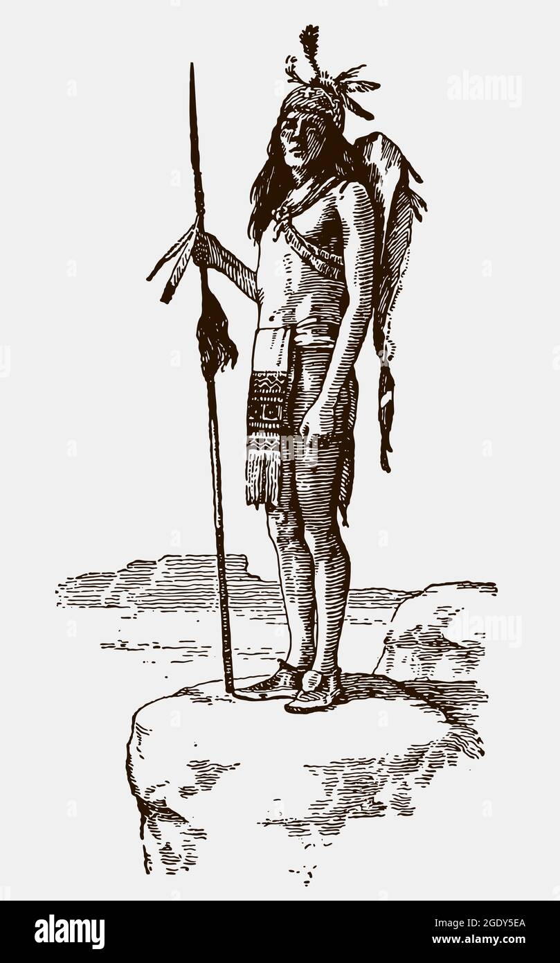 Chef de guerre historique de Hopi debout sur un rocher et tenant une lance. Illustration après gravure antique du début 20c Illustration de Vecteur