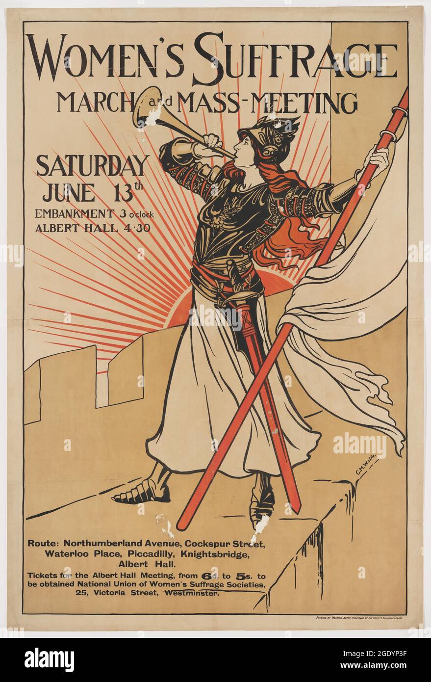 Suffrage des femmes Mars et Réunion de masse, samedi 13 juin, Embankment 3 heures, Albert Hall 4:30 Banque D'Images