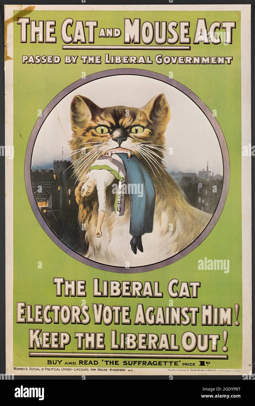 La loi sur le chat et la souris adoptée par le gouvernement libéral... acheter et lire la suffragette. Banque D'Images