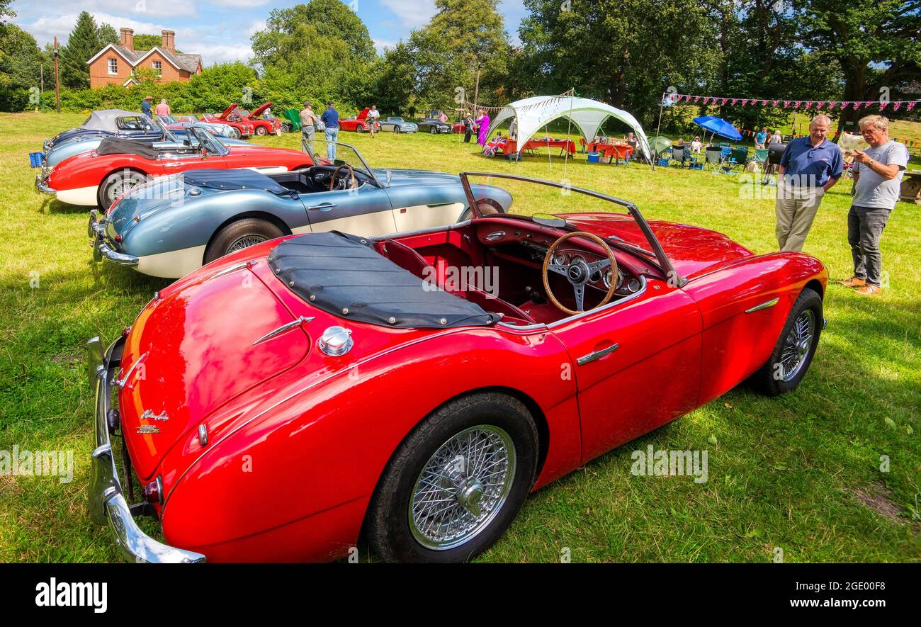 Les voitures classiques d'un Austin Healey Club se rencontrent à Copythorne dans la New Forest, Hampshire, Royaume-Uni Banque D'Images