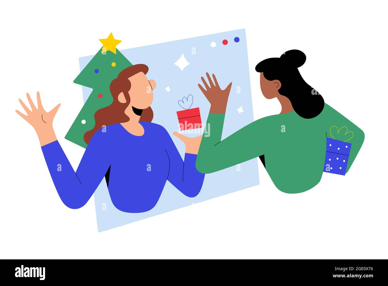 Appel vidéo de Noël, des femmes se faisant passer les mains, des amis célébrant Noël ensemble échanger des cadeaux en ligne à l'aide de la vidéo conférence, illustration vectorielle Illustration de Vecteur