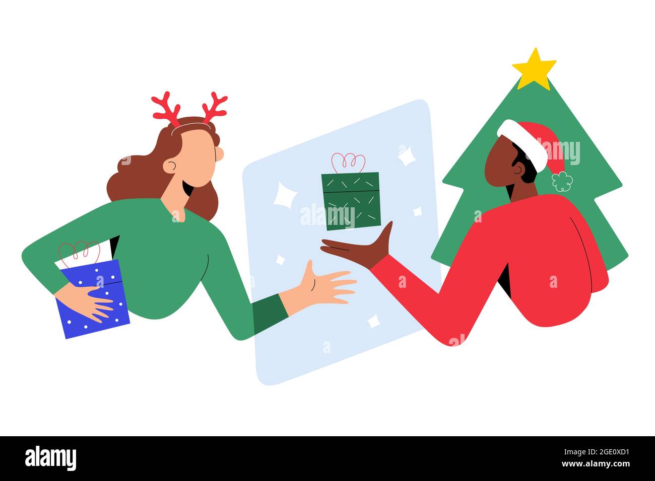 Couple célébrant la veille de Noël en utilisant la vidéoconférence pendant une pandémie de covid, un jeune homme et une femme portant des vêtements de noël sur la vidéoconférence Illustration de Vecteur