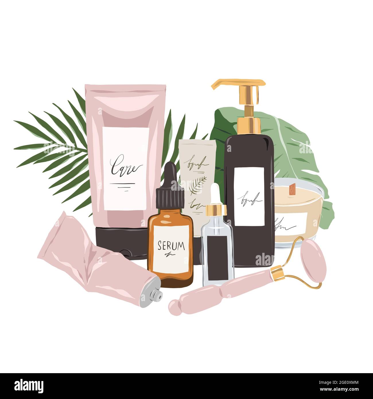 Illustration des produits de beauté pour les soins de la peau, routine de soin de la peau en 3 étapes, sérum pour le visage, lotion et hydratant, crème pour les yeux, soins cosmétiques disposés dans Illustration de Vecteur