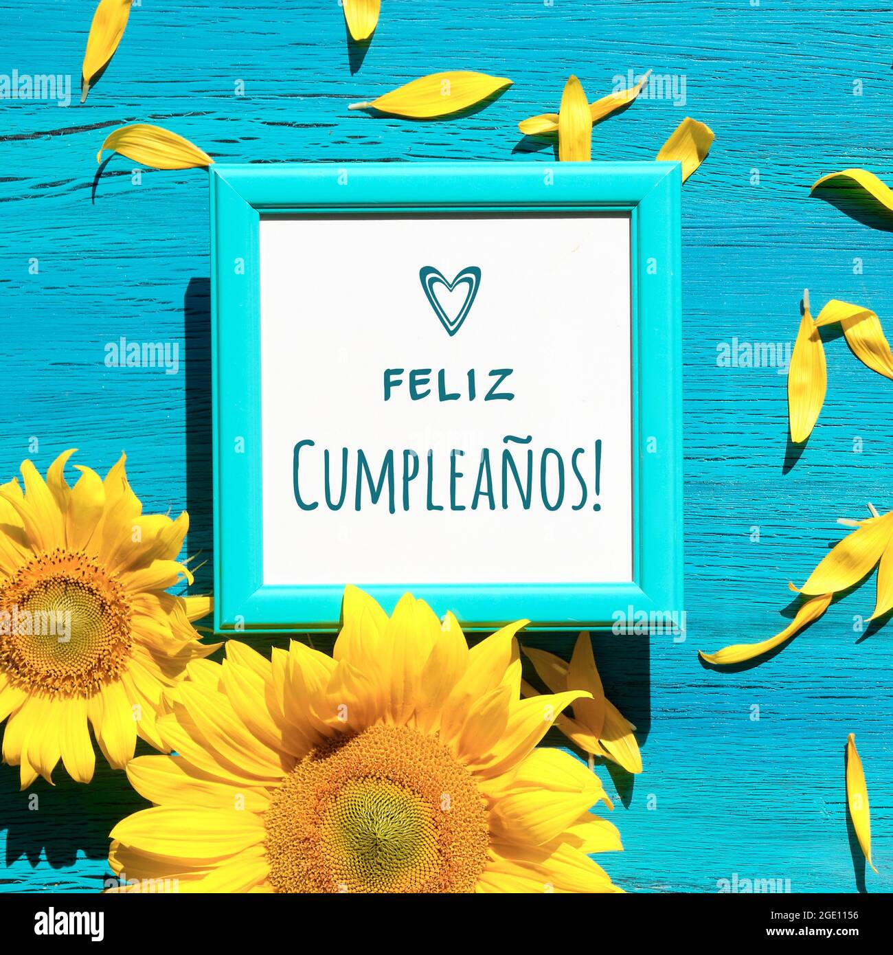 Texte Feliz Cumpleanos Signifie Joyeux Anniversaire En Espagnol Fleurs Et Petales De Tournesol Jaunes Disperses Sur Un Bac En Bois Turquoise Texture Photo Stock Alamy