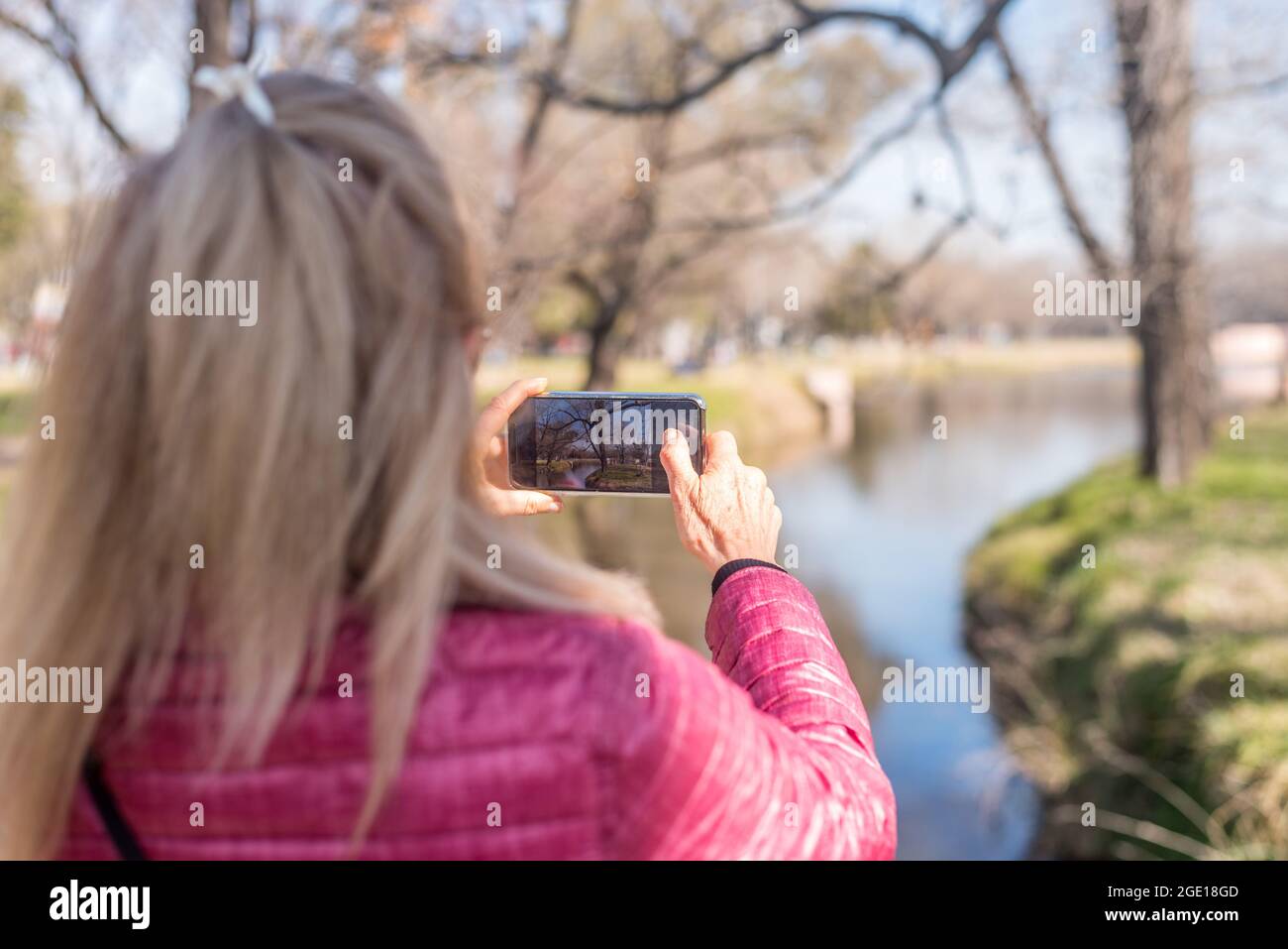 Vue arrière d'une femme adulte prenant une photo du parc avec son téléphone par temps ensoleillé. Banque D'Images