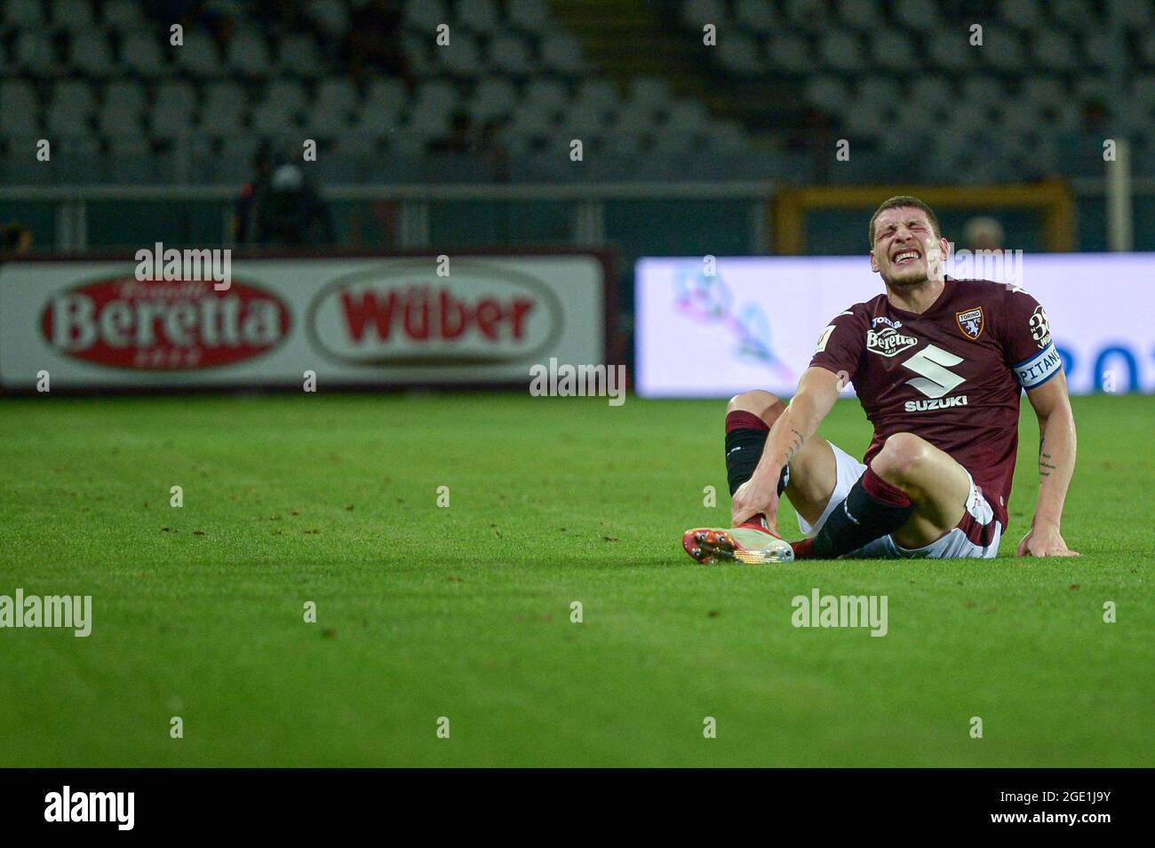 Turin, Italie. 15 août 2021. Andrea Belotti de Torino FC blessures pendant le match de Coppa Italia entre Torino FC et US Cremonese. Torino a gagné 4-1 après pénalites (photo par Alberto Gandolfo/Pacific Press) crédit: Pacific Press Media production Corp./Alay Live News Banque D'Images