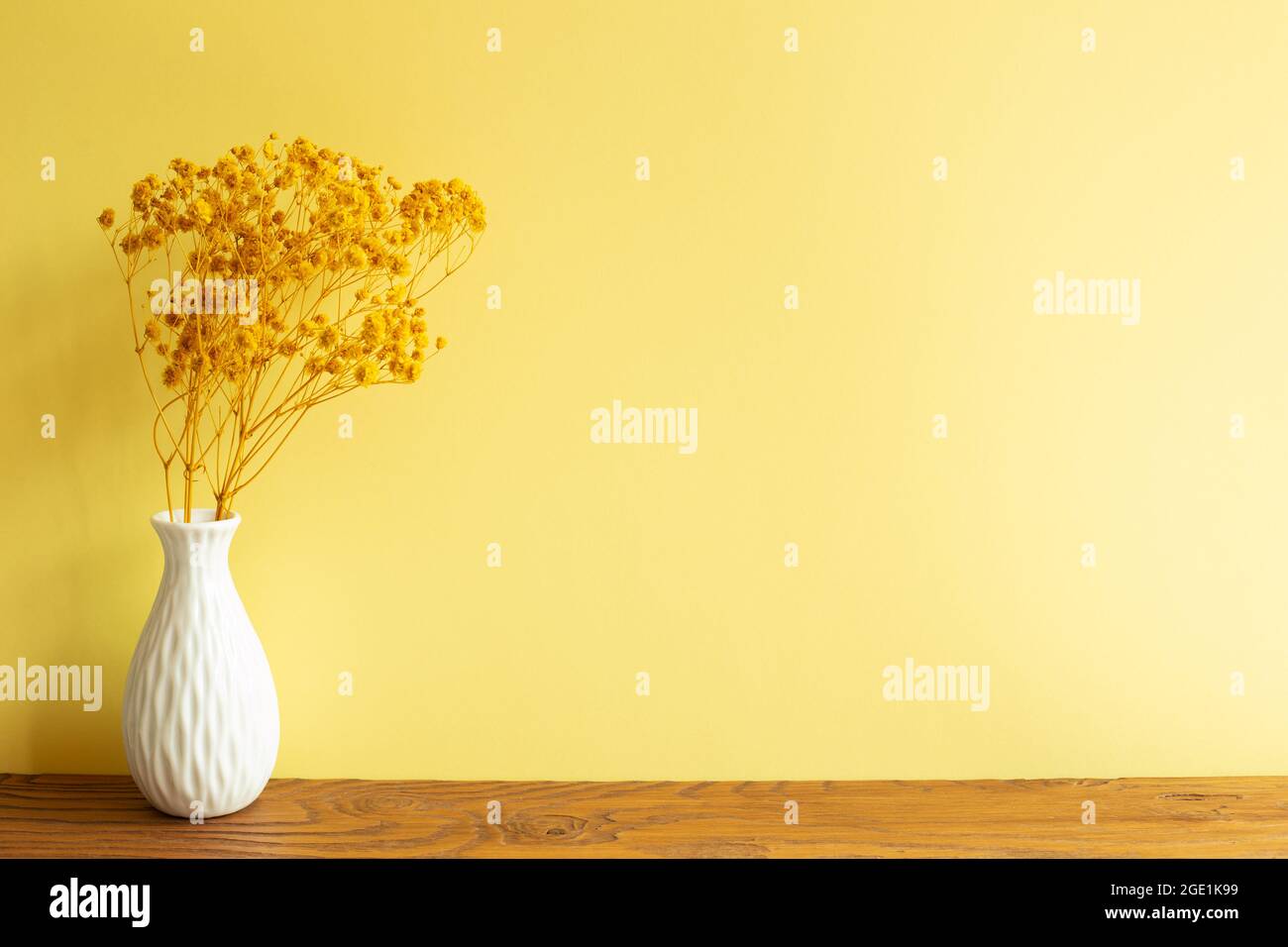 Bouquet de fleurs de souffle de bébé jaune dans un vase blanc sur une table en bois. Fond de mur jaune. Intérieur de la maison Banque D'Images