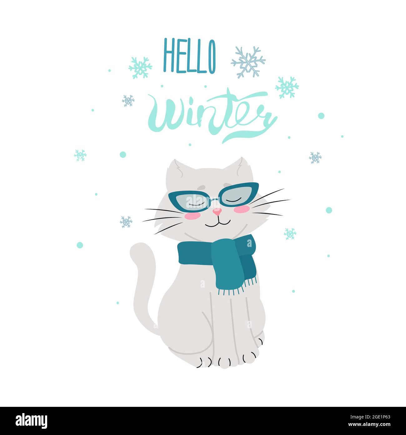 Chat dans des lunettes et des foulards, Hello Winter, illustration vectorielle. Isolé. Conception plate Illustration de Vecteur
