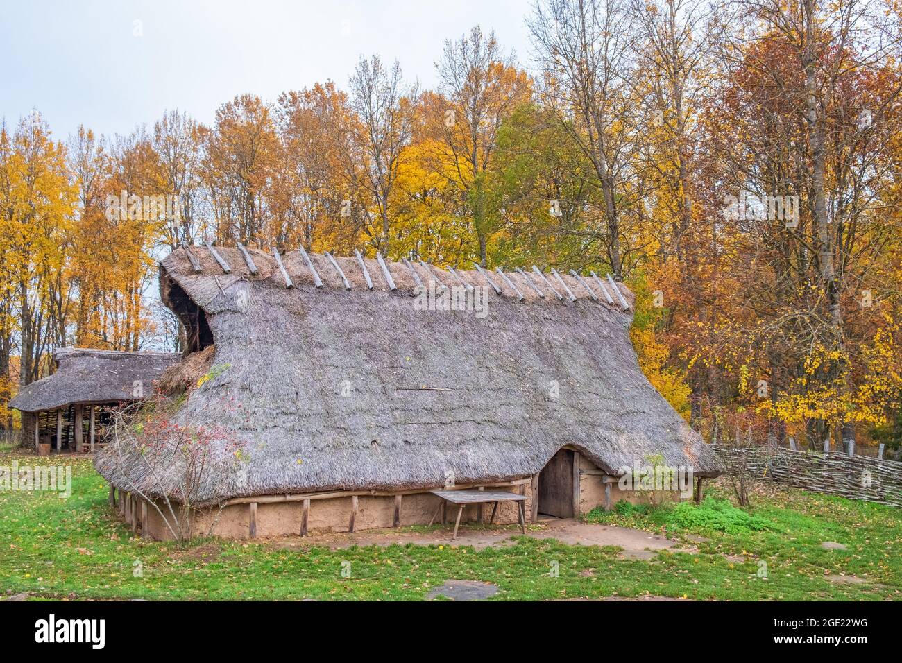 Longue maison préhistorique au bord de la forêt aux couleurs de l'automne Banque D'Images