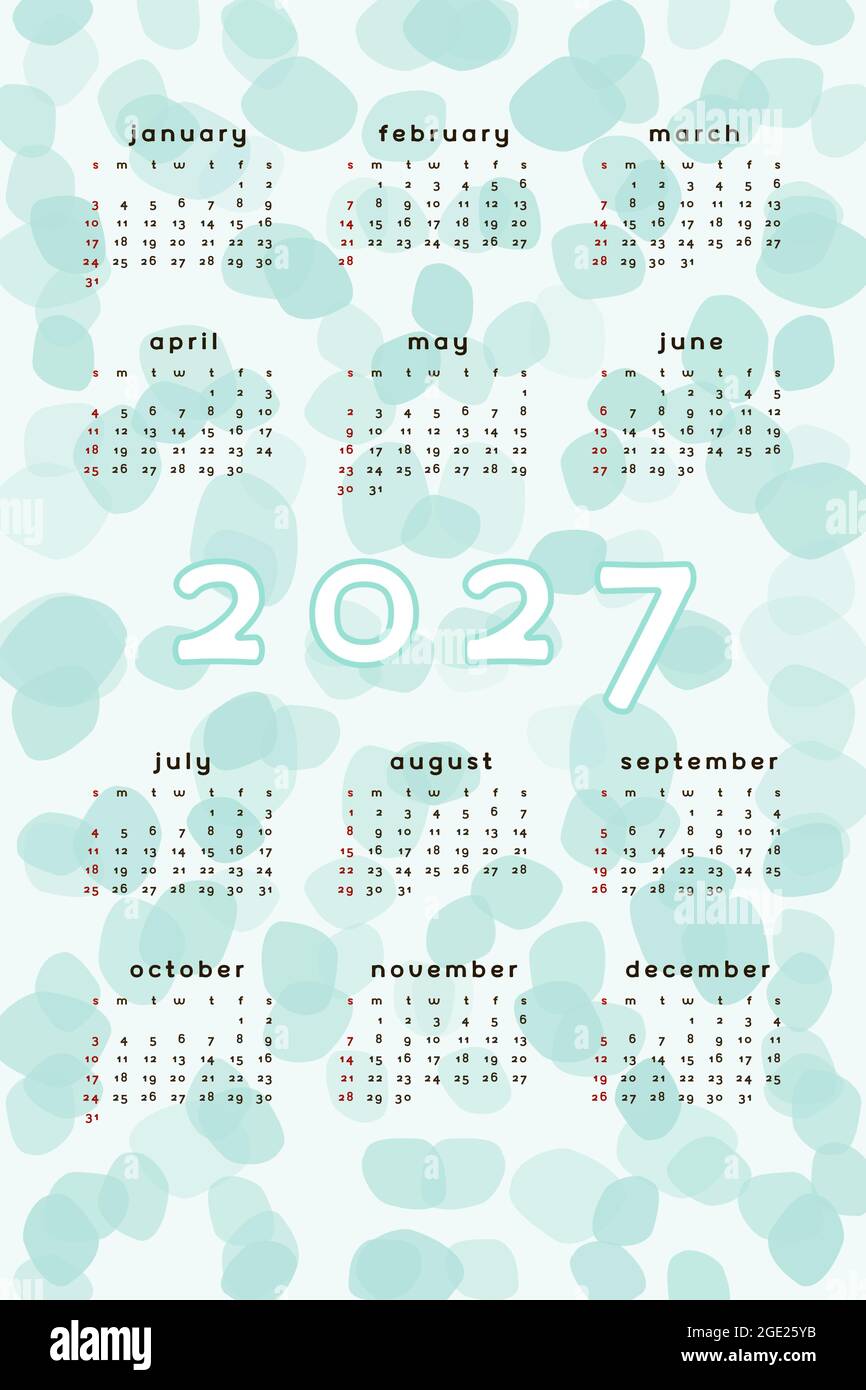 modèle de calendrier 2027. Format vertical bleu sarcelle vert résumé arrière-plan avec tache de tache tracée à la main blob. Conception de calendrier pour l'impression et le numérique. Petit Illustration de Vecteur