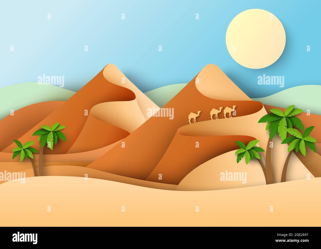 Trois chameaux en itinérance désert, illustration de papier vectoriel coupé. Dunes de sable, paysage désertique. Illustration de Vecteur