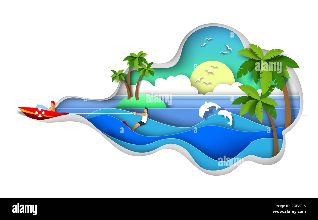 Homme de ski nautique, illustration de papier vectoriel. Ski nautique, wakeboard, sports d'été extrêmes et activités de plage Illustration de Vecteur