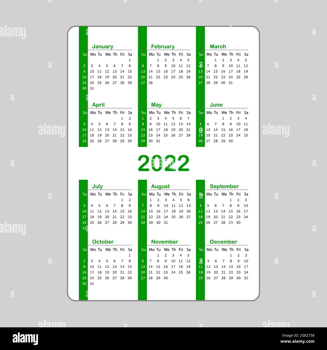 Calendrier De Poche Vertical Vert Sur 2022 Ans. Modèle De Calendrier Pour Les Affaires Sur Blanc Image Vectorielle Stock - Alamy