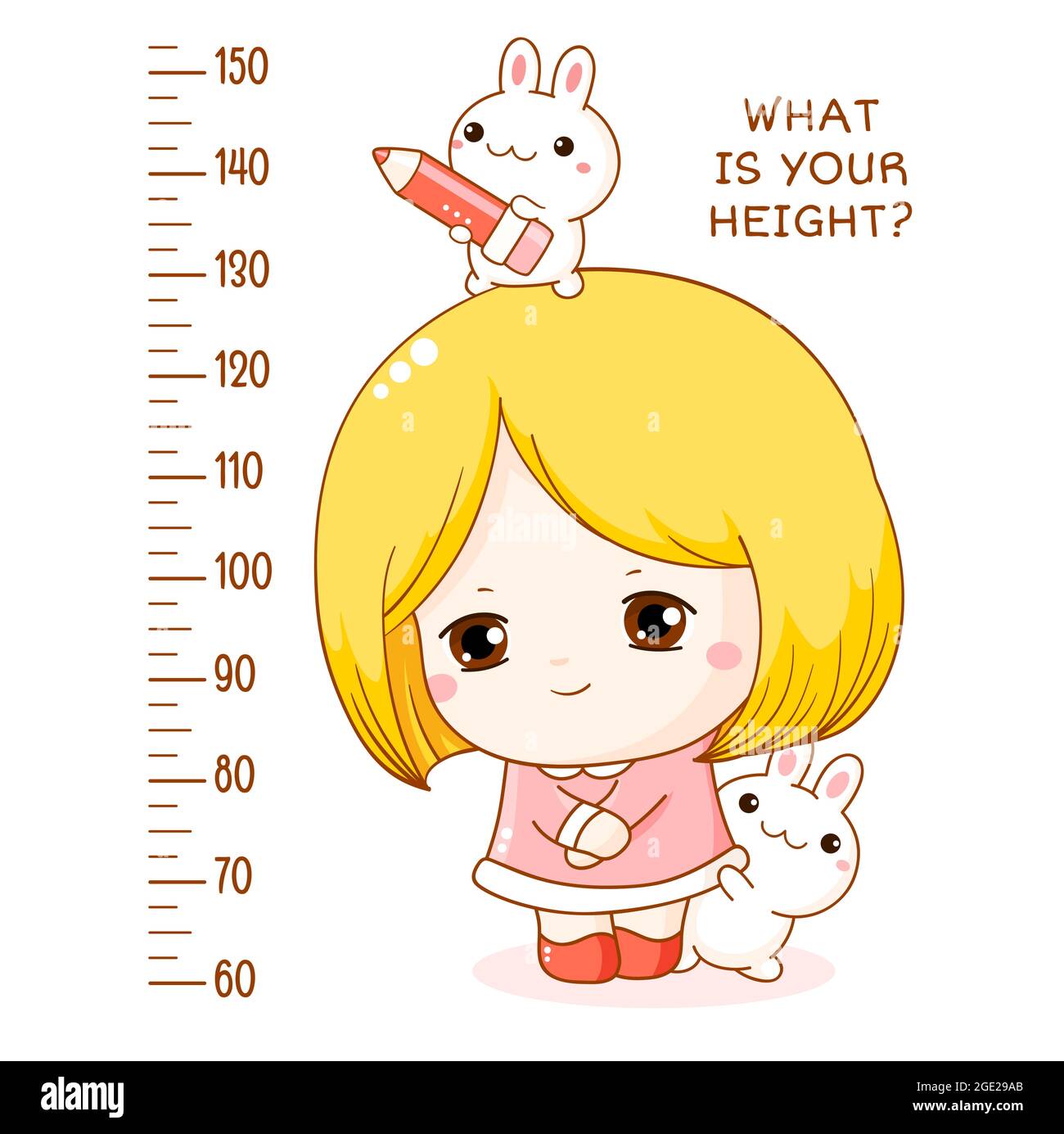 Tableau de hauteur avec une petite fille timide mignonne et ses deux amis de lapin. Appareil de mesure pour enfants avec personnages kawaii. Inscription quelle est votre taille ? Mur du mètre ou ba Illustration de Vecteur