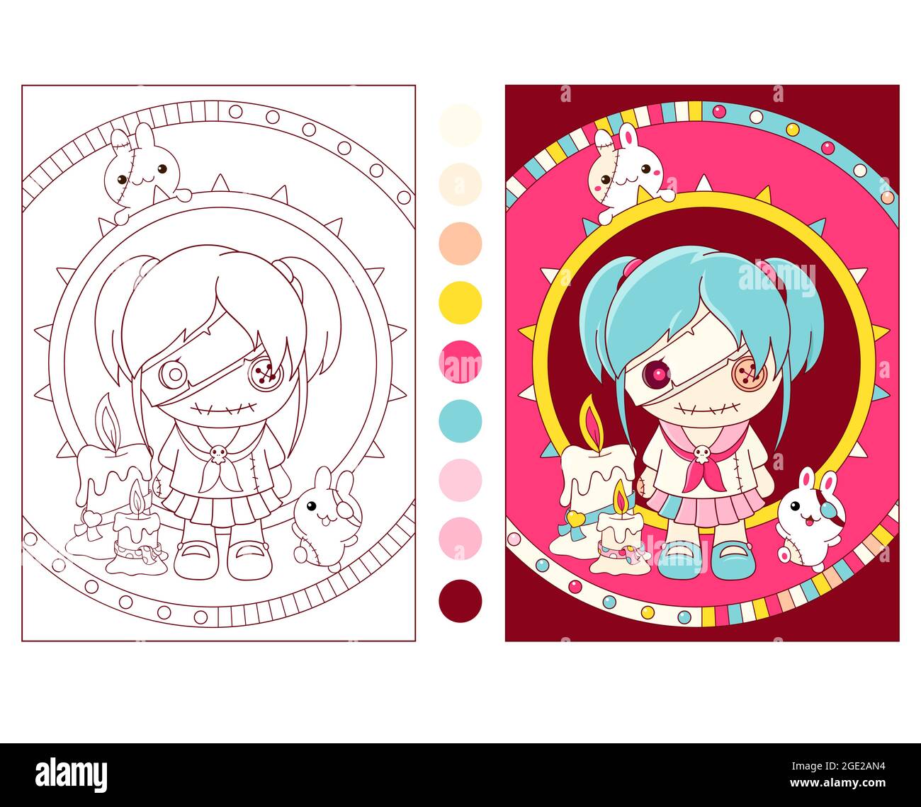 Motif coloré et noir et blanc pour colorier. Adorable poupée voodoo et lapins. Livre de coloriage et personnage clipart coloré pour les enfants et les adultes. Illustration de Vecteur