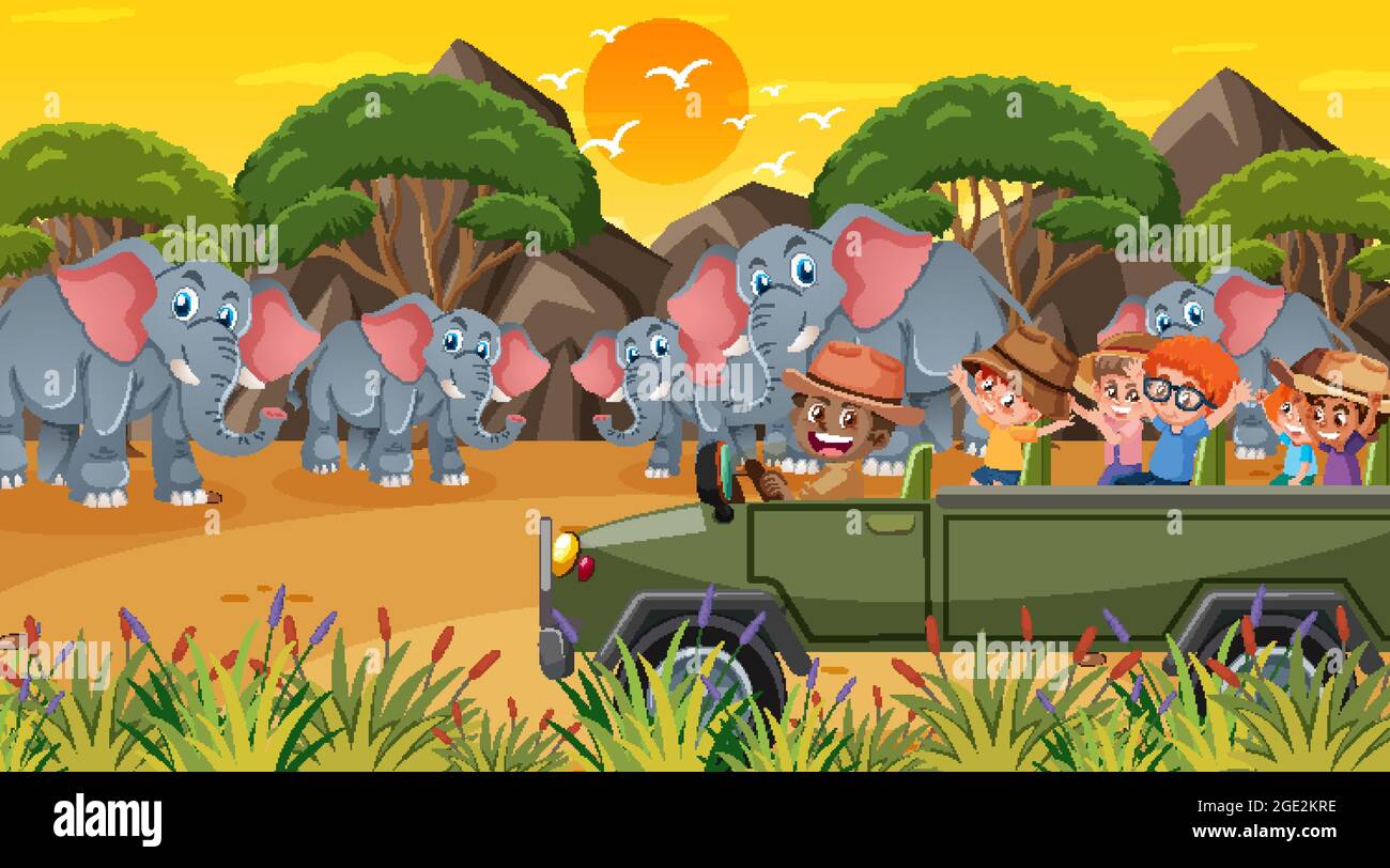 Safari au coucher du soleil avec de nombreux enfants qui regardent l'éléphant illustration de groupe Illustration de Vecteur