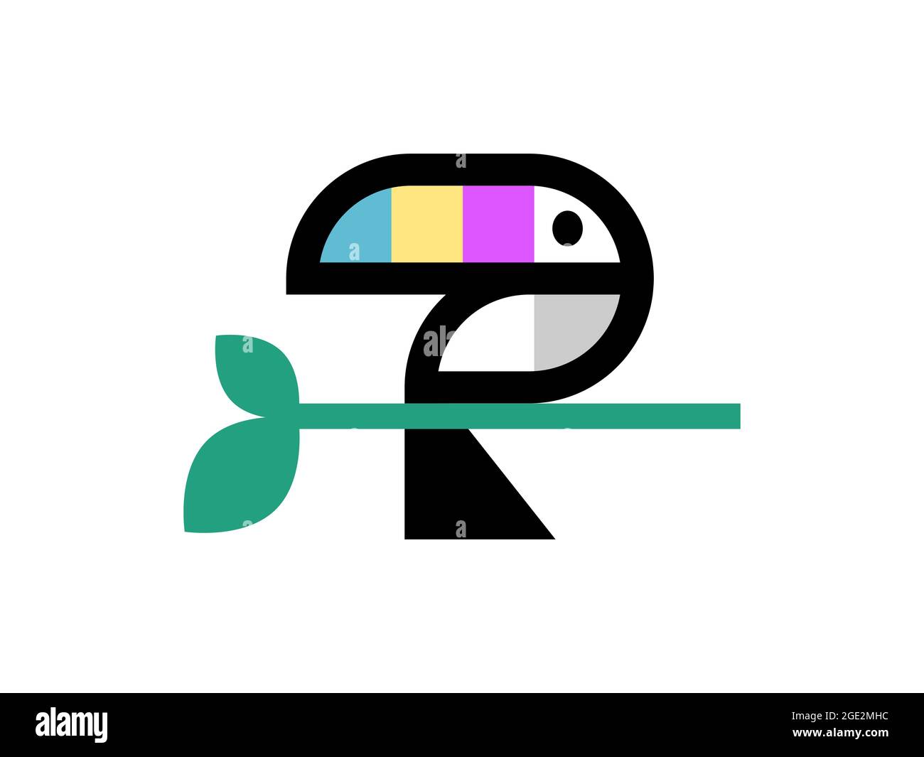 Oiseau toucan géométrique. Oiseau exotique abstrait avec un grand bec. Oiseau sur une branche. Logo de la faune tropicale. Design coloré et créatif avec contour noir. Illustration de Vecteur