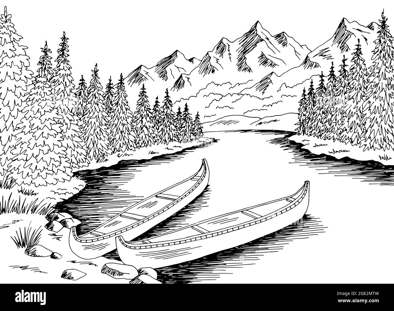 Canot bateau graphique rivière noir blanc paysage esquisse illustration vecteur Illustration de Vecteur