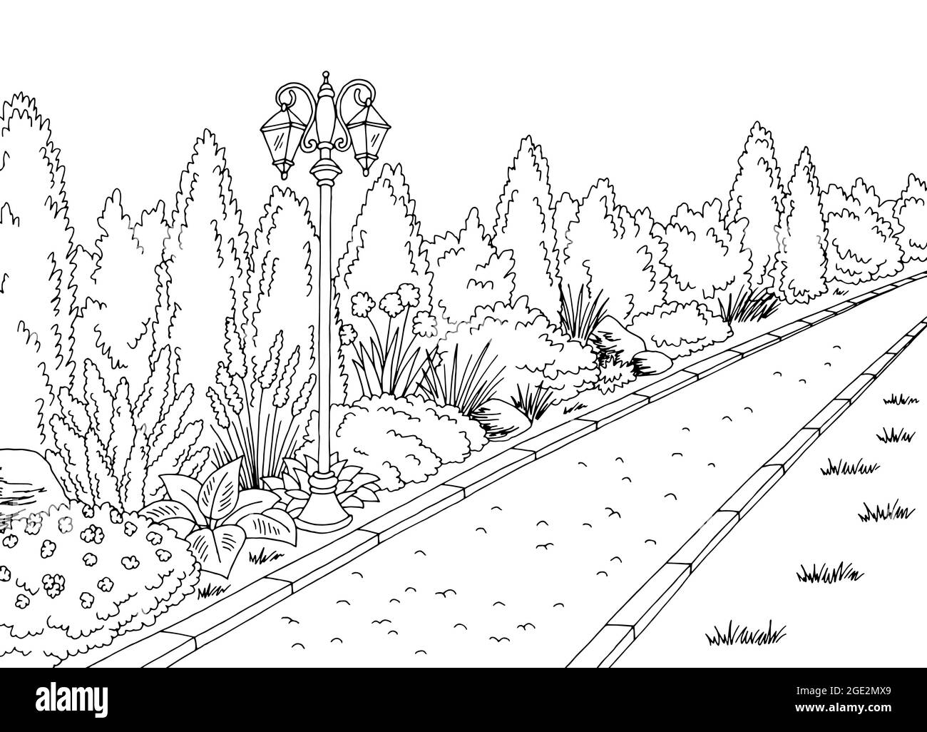 Park Garden graphique noir blanc paysage dessin illustration vecteur Illustration de Vecteur