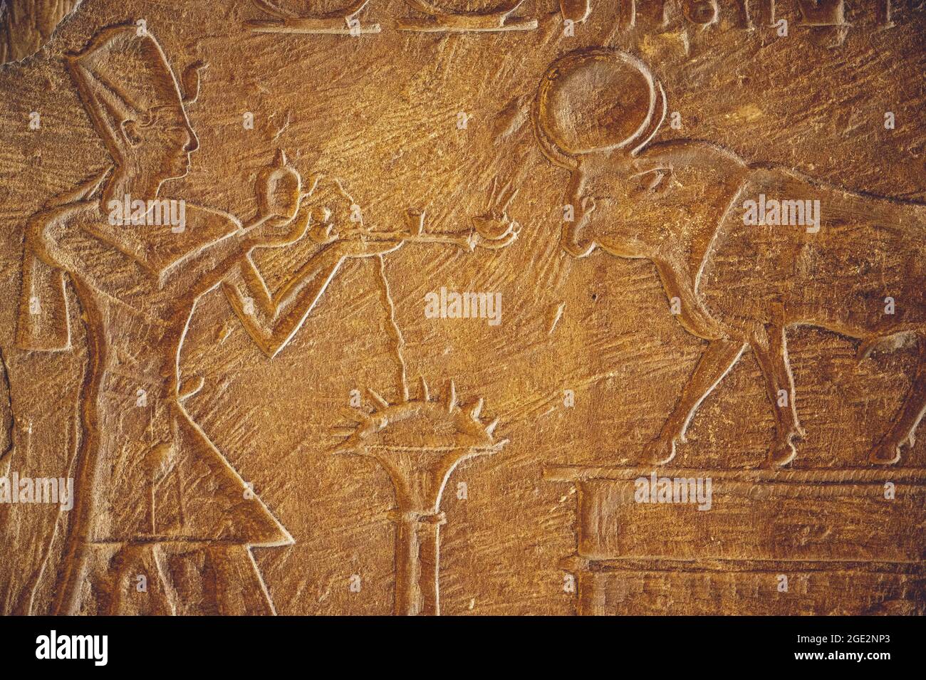LE CAIRE, ÉGYPTE - 06 juin 2021 : une ancienne surface de pierre égyptienne avec des sculptures d'un pharaon faisant des offrandes à la divinité de taureau APIs Banque D'Images