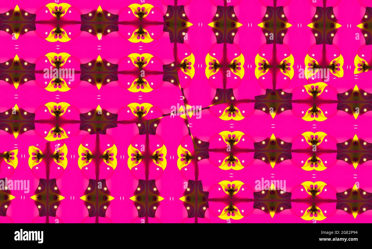 Résumé arrière-plan ultra rose, fleurs tropicales de Bougainvillea avec effet kaléidoscope, motif floral mandala Banque D'Images