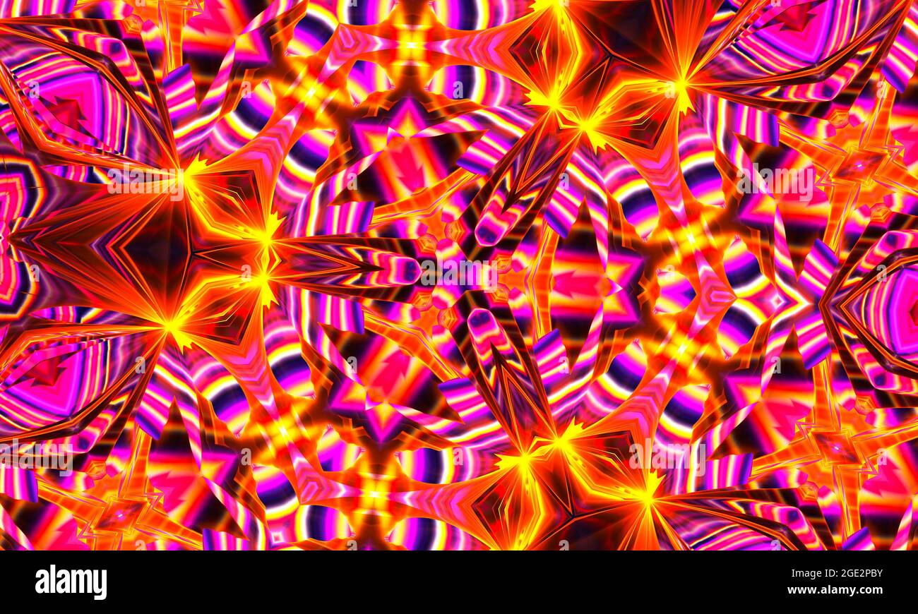 Résumé arrière-plan ultra rose, fleurs tropicales de Bougainvillea avec effet kaléidoscope, motif floral mandala Banque D'Images