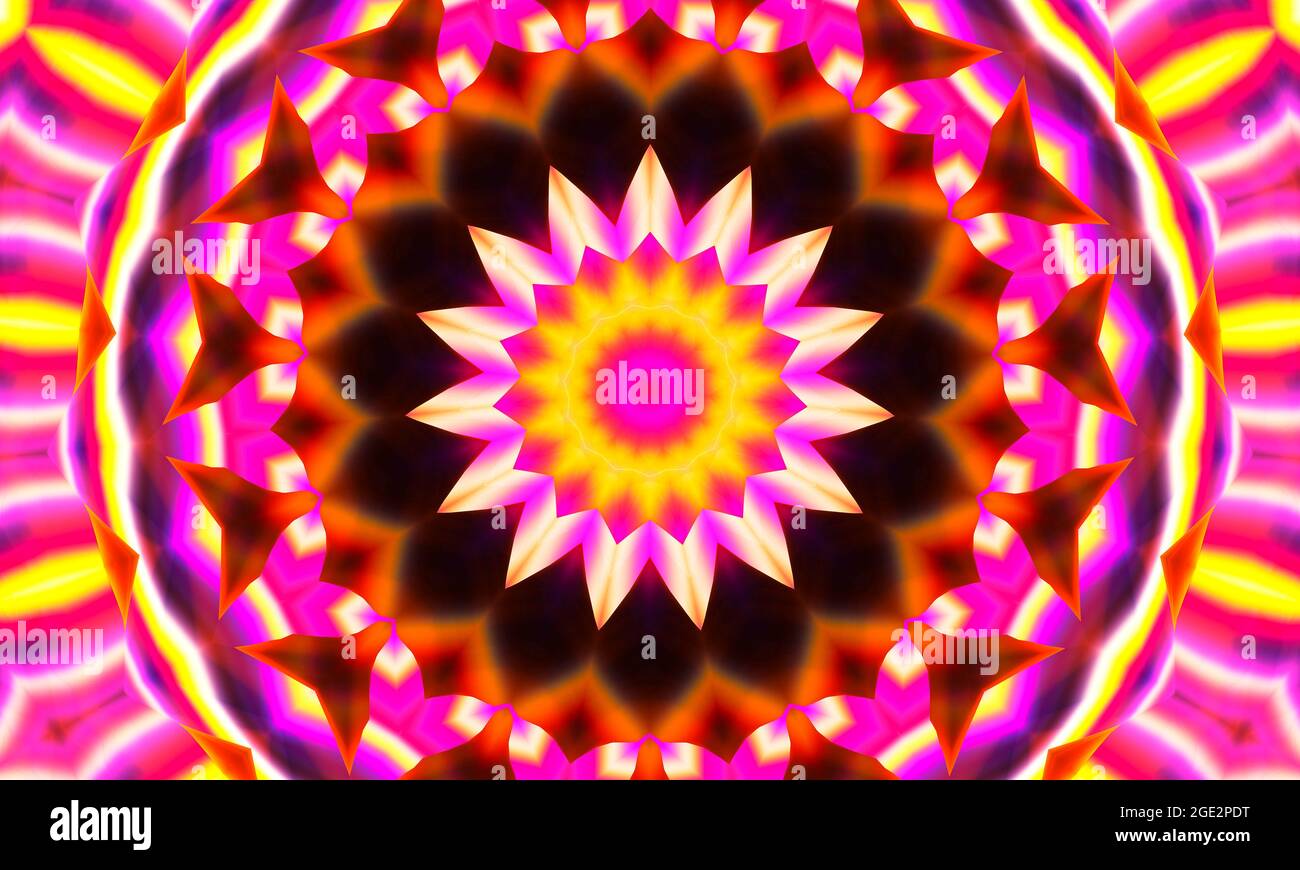 Résumé arrière-plan ultra rose, fleurs tropicales de Bougainvillea avec effet kaléidoscope, motif floral mandala Banque D'Images
