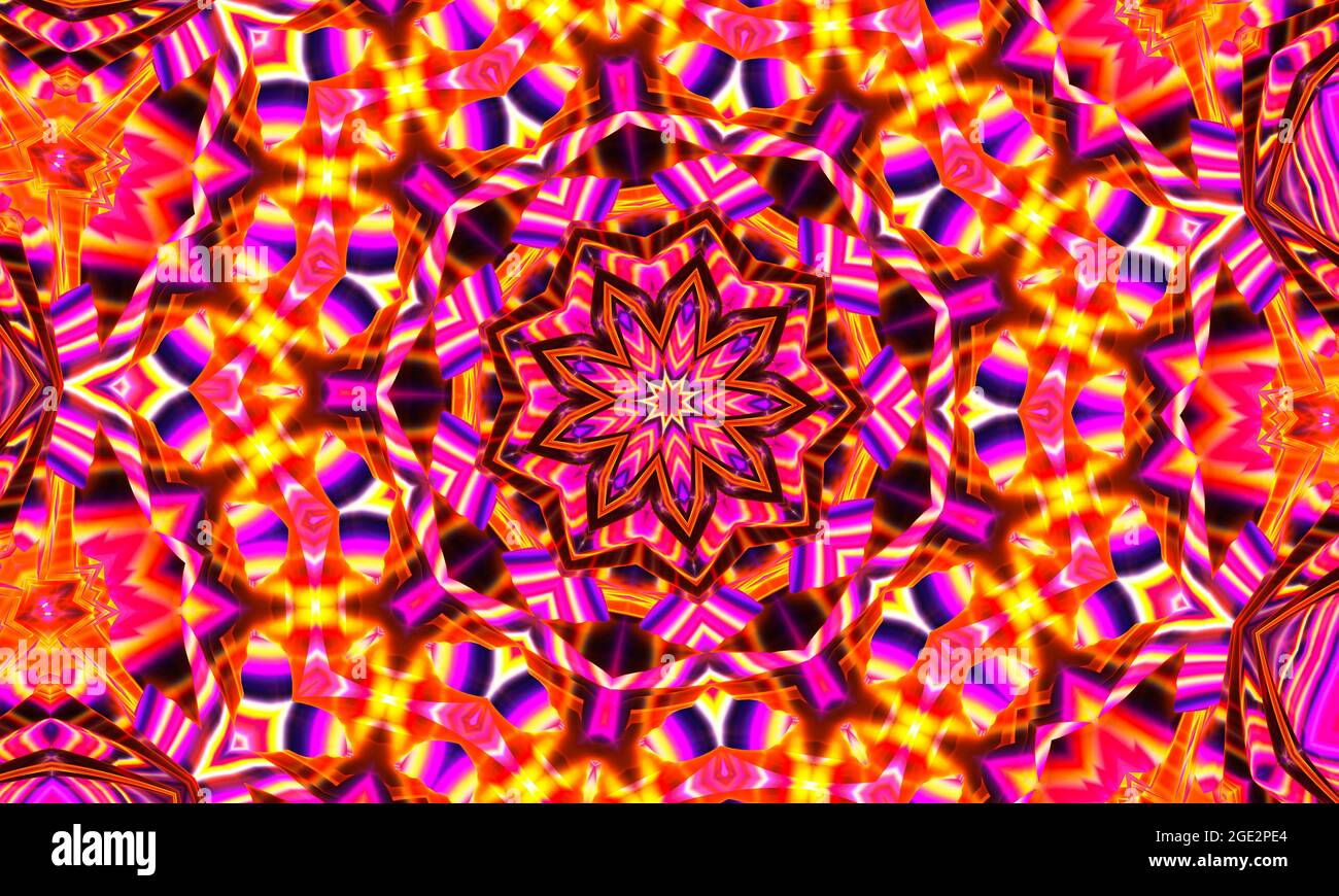 Résumé arrière-plan ultra rose, fleurs tropicales de Bougainvillea avec effet kaléidoscope, motif floral mandala Banque D'Images
