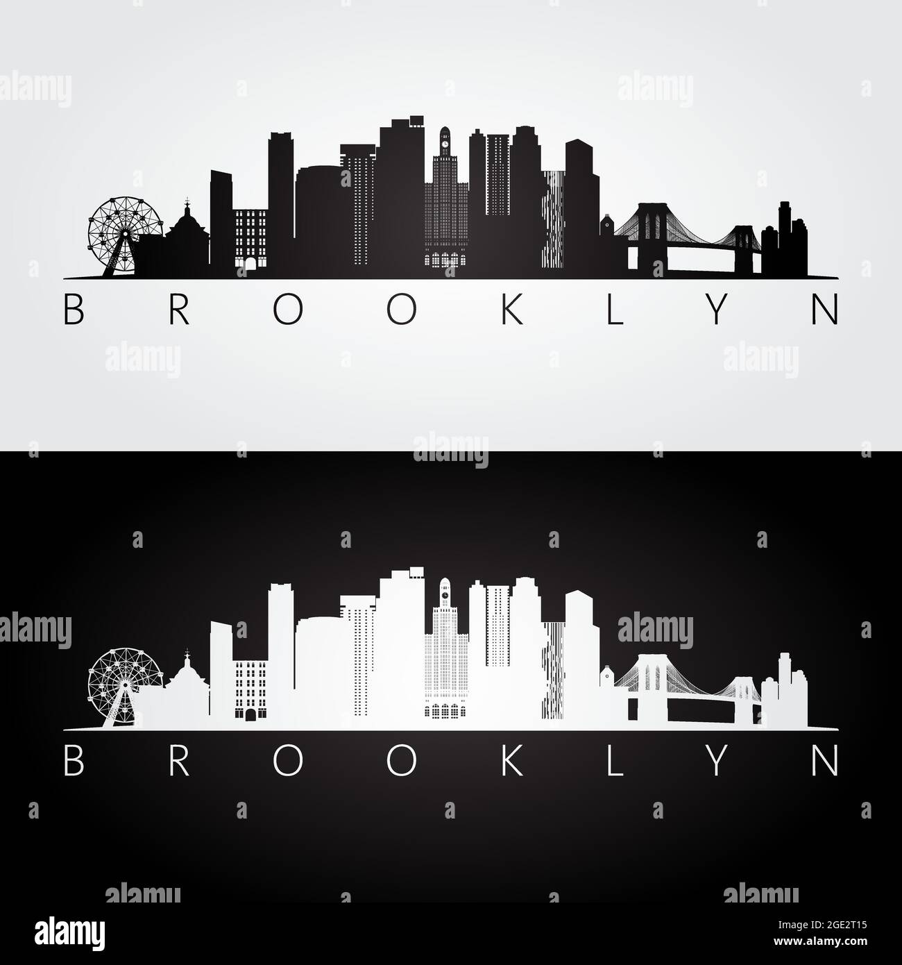 Brooklyn, New York, silhouette des gratte-ciel et des monuments des États-Unis, design noir et blanc, illustration vectorielle. Illustration de Vecteur