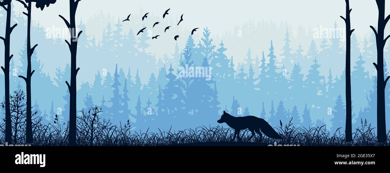 Bannière horizontale. Silhouette de renard debout sur la prairie dans le parrest. Silhouette d'animal, d'arbres, d'herbe. Paysage magique et brumeux, brouillard. Bleu et gris il Illustration de Vecteur