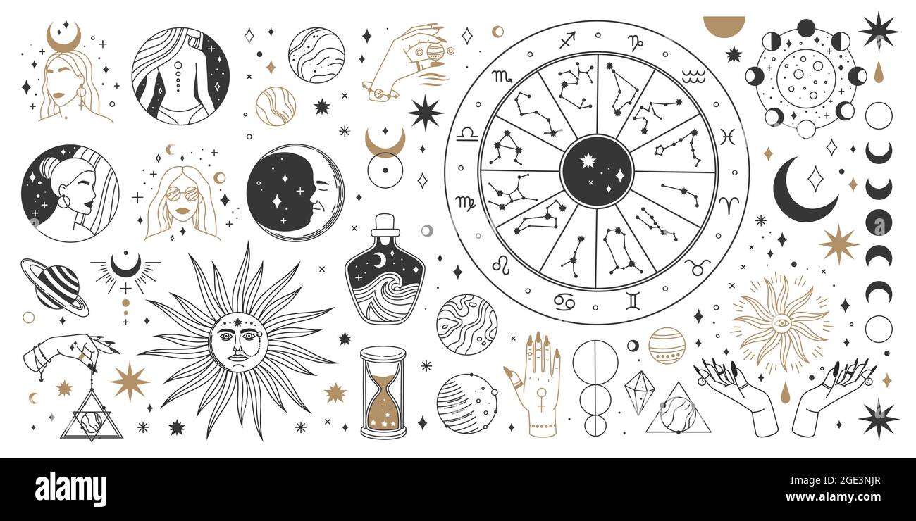Astrologie mystique, éléments célestes boho et occultes magiques. Ensemble de symboles sacrés mystiques de lune, de soleil, d'étoile, de zodiaque et de vecteurs de constellation. Éléments mystiques et ésotériques pour l'astrologie Illustration de Vecteur
