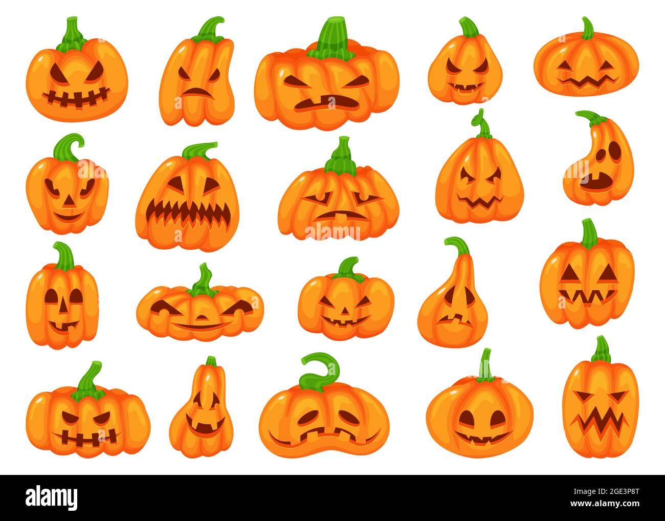 Citrouilles d'halloween avec visages effrayants, éléments de décoration d'automne. Jolie lanterne de citrouille orange avec visage sinistre, ensemble de décoration automnale. Célébration traditionnelle avec des expressions d'horreur Illustration de Vecteur