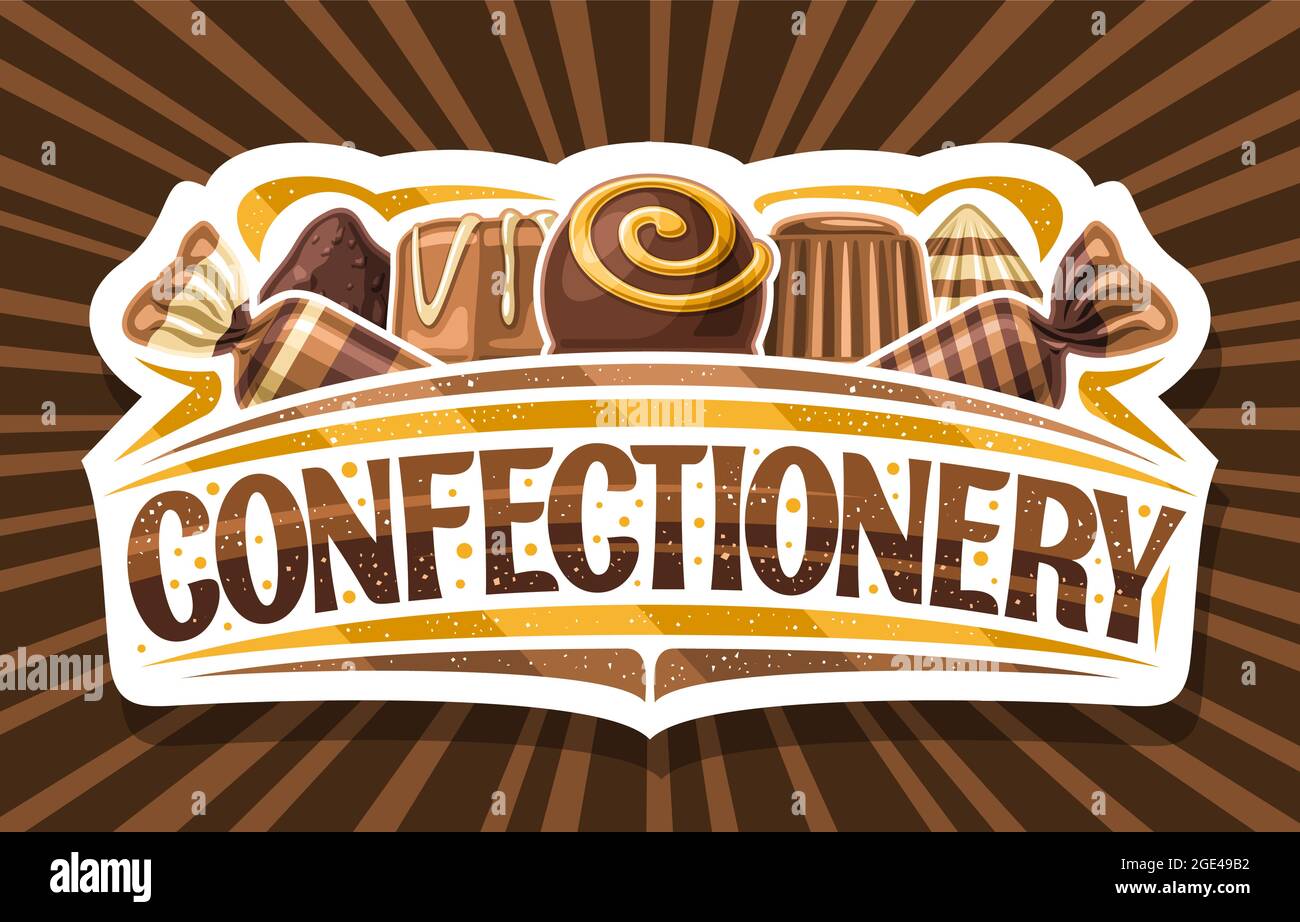 Logo vectoriel pour la confiserie, panneau en papier découpé avec illustration de praline au chocolat et de délicieux bonbons assortis, inscription unique au pinceau pour le bro Illustration de Vecteur