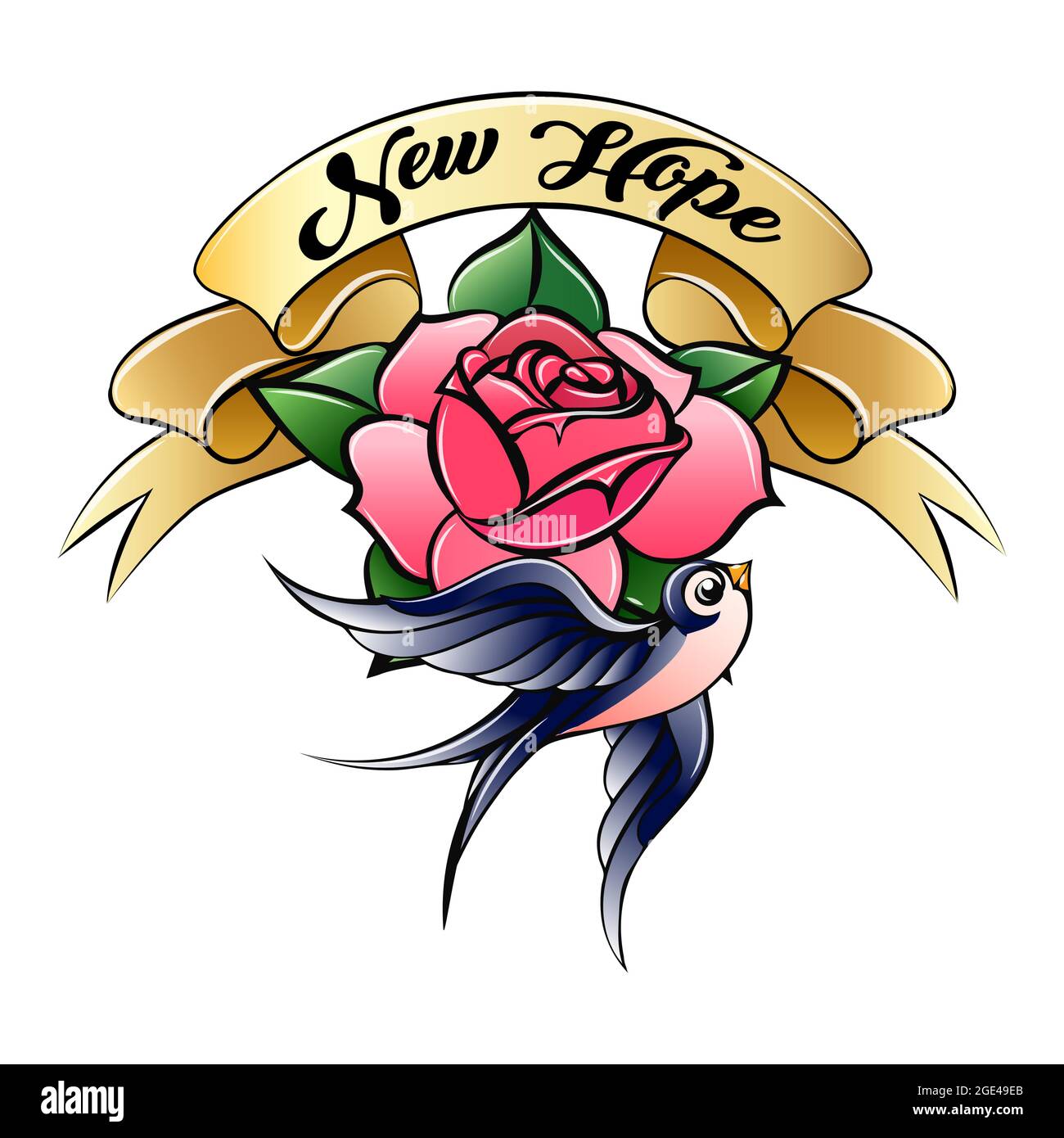 Old-School style tatouage d'une hirondelle avec rose et bannière de New Hope isolée sur blanc. Illustration vectorielle. Illustration de Vecteur