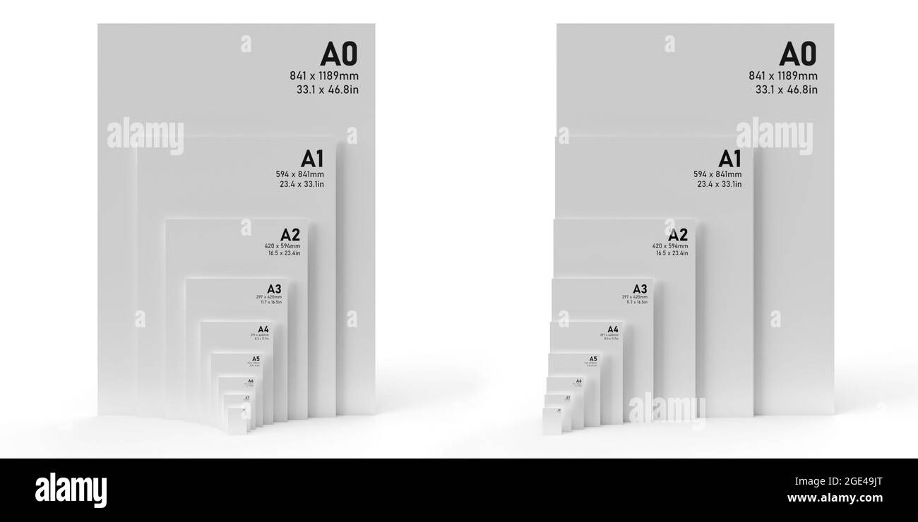 Formats de papier international DE la série A de A0 à A8, avec texte noir imprimé sur papier blanc texturé et isolé sur fond blanc. Banque D'Images