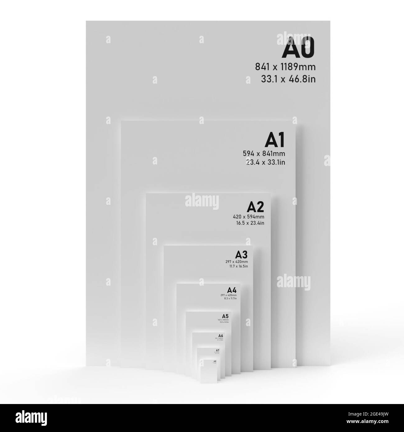 Formats de papier international DE la série A de A0 à A8, avec texte noir imprimé sur papier blanc texturé et isolé sur fond blanc. Eclairage 3D Banque D'Images