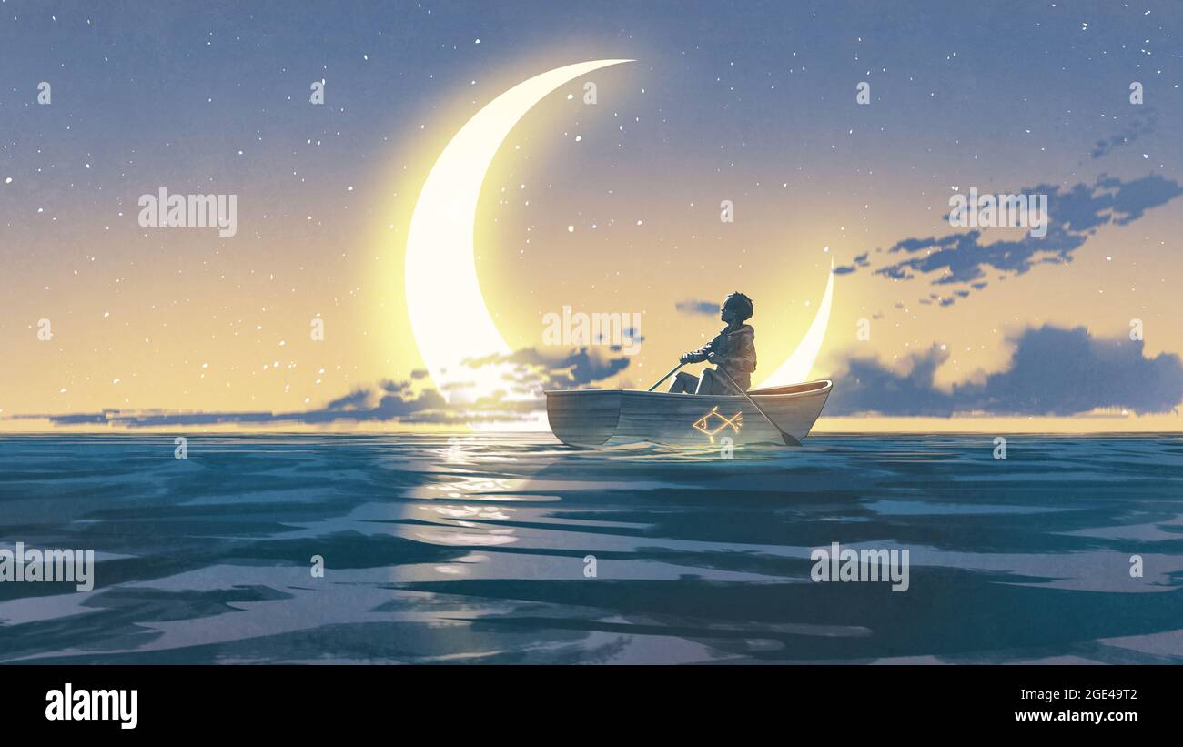 jeune homme ramer un bateau dans la mer regardant le croissant, le style d'art numérique, la peinture d'illustration Banque D'Images
