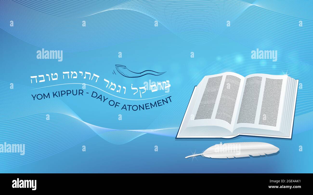 Vacances juives Yom Kippur, livre de symboles traditionnels du jour de l'expiation, plume de plume de quill, corne sur fond abstrait. Traduction de texte hébreu bonne fin Illustration de Vecteur