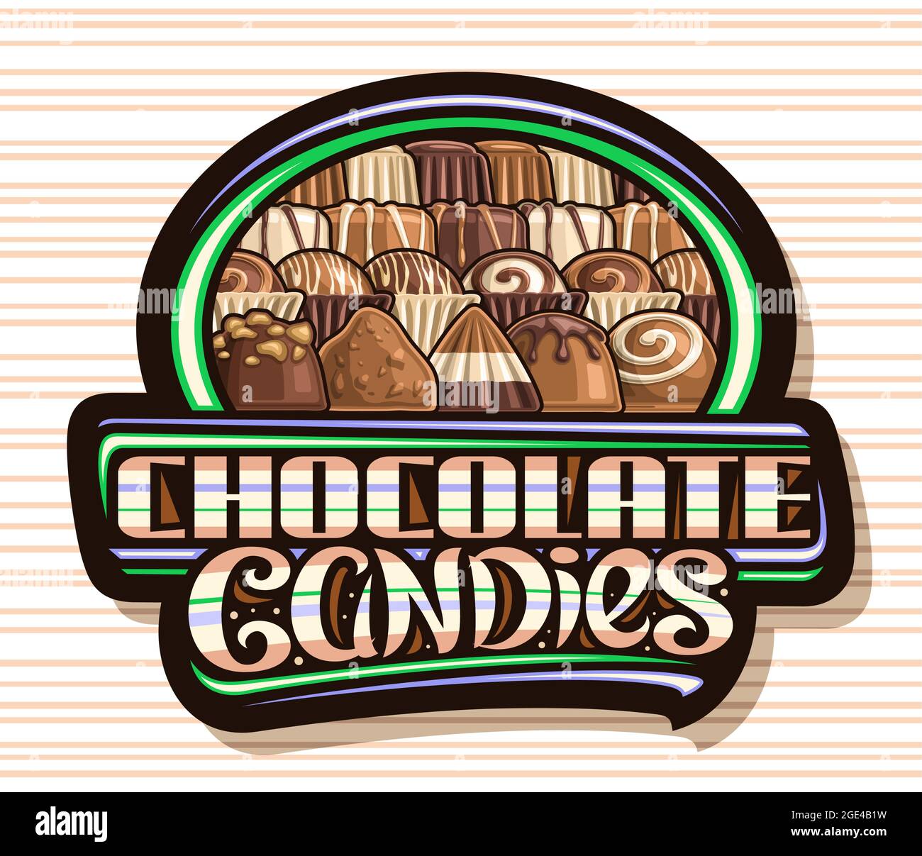 Logo vectoriel pour bonbons au chocolat, panneau d'affichage avec illustration de différentes pralines au chocolat et de délicieux bonbons dans une rangée, inscription unique au pinceau pour St Illustration de Vecteur