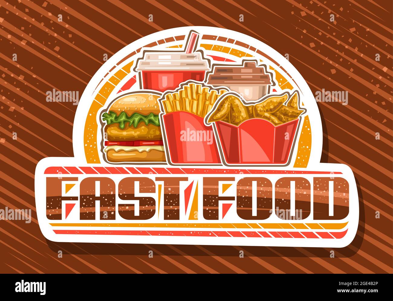 Logo Vector pour Fast Food, panneau blanc pour café américain avec illustration de morceaux de poulet rôtis dans une boîte en carton, pommes frites, poulet bur Illustration de Vecteur